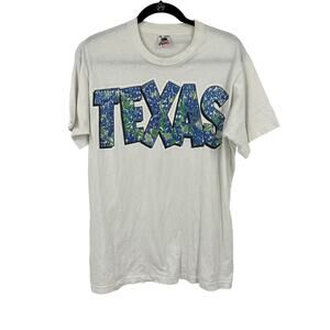 Vtg Texas‎ 1993 White & Blue Floral T-shirt Fruit Of Loom Cotton USA Made Medium